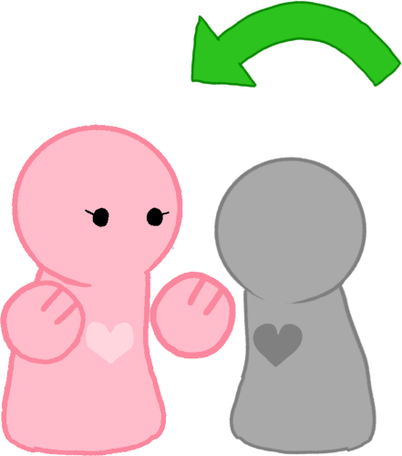 a small pastel pink simplified character with a light pink heart in the center they have both hands out, there is  grey figure next to it, there is a green arrow pointing to the pink figure.
